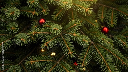 Christmas tree background with red ornaments and lights