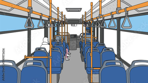 Interior view of a nearly empty public bus with blue seats and overhead handrails, showcasing a typical commute scene.