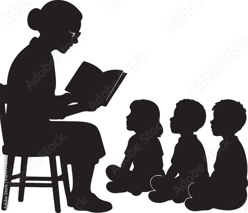 Story time featuring teacher reading to children, perfect for educational content and designs for school project silhouette vector illustrations