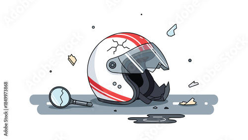 Damaged motorcycle helmet lies broken on the ground after an accident, illustrating the importance of safety gear.