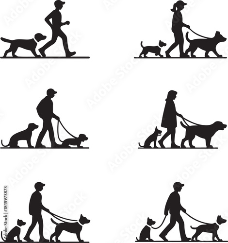 Dog Walking Silhouette Icon Set