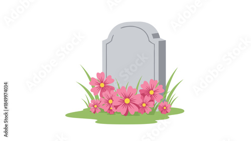 A serene gravesite is adorned with vibrant pink cosmos flowers, symbolizing remembrance and peaceful rest in a cemetery setting.