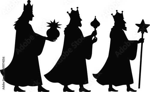 Three wise men bearing gifts and incense kings nativity silhouette vector illustration