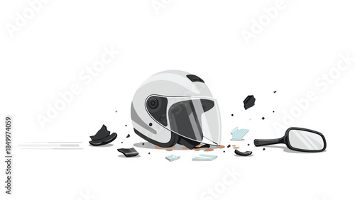 Damaged motorcycle helmet and broken mirror fragments scattered on a white background illustrate the aftermath of a vehicle accident.