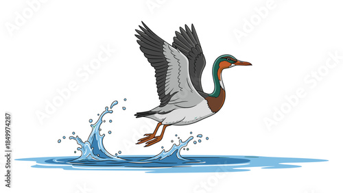 Colorful duck taking flight from water with splashing waves creates a dynamic and vibrant scene.