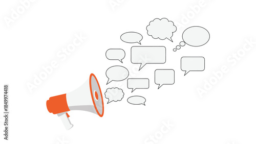 Loudspeaker broadcasting announcements with multiple speech bubbles representing communication and public address systems.