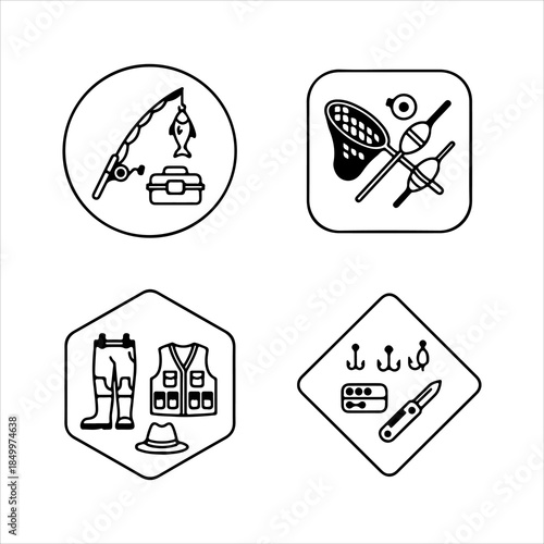 A Professional Outdoor Fishing Tools Icon Symbol, Showcasing Angling Equipment and Recreation Sport in a Flat Design Minimalist Vector for Fishery Success Hobby Tackle Hook Rod Lure.