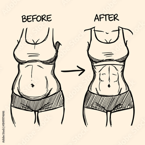 woman's body transformation from before to after with abs, weight loss hand-drawn sketch
