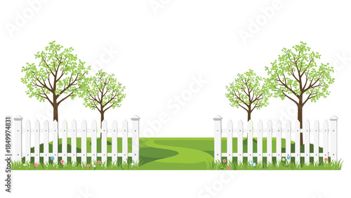 Charming white picket fence frames a lush green garden path with blossoming trees creating a welcoming and idyllic outdoor scene.