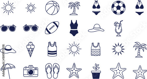 Set of blue summer beach icons featuring sun symbols palm trees swimwear beach balls starfish and travel accessories isolated on white background outline vector illustration