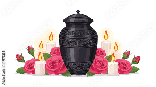 Elegant black urn with vibrant pink roses and glowing candles creates a serene memorial arrangement for remembrance and grief.