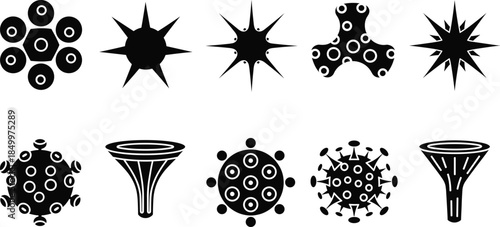 Set of black abstract virus and cell silhouettes featuring various spiked protein structures microorganisms and scientific shapes isolated on white background flat vector illustration