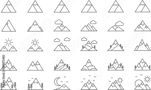 Set of thin line mountain icons and outdoor adventure symbols featuring various peak silhouettes with sun moon clouds and forest trees isolated on white background flat vector illustration