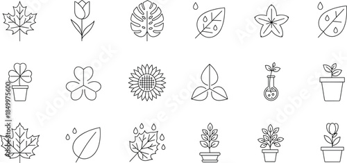 Set of thin line botanical icons featuring various leaf outlines flowers potted plants and autumn maple leaves isolated on white background flat vector illustration for nature and ecology branding