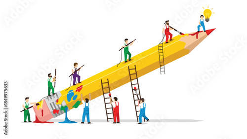 Teamwork and collaboration bring creative ideas to life as people work together to paint and build a giant pencil.