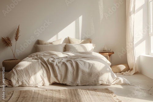 Elegant bedroom interior filled with natural light featuring a cozy bed and soft textiles