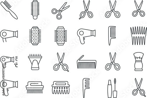 Set of thin line hair salon and barber shop icons featuring various scissors combs hair dryers brushes and styling tools isolated on white background vector illustration