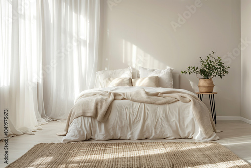 A serene bedroom with soft light filtering through sheer curtains and a cozy bed with layers