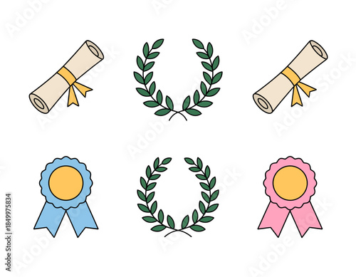 Achievement symbols, graduation diploma, laurel wreath, award rosette collection