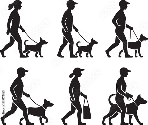 Dog Walking Silhouette Icon Set
