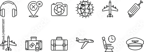 Set of thin line aviation and travel icons featuring airplane silhouettes luggage suitcases headphones camera and pilot cap isolated on white background 