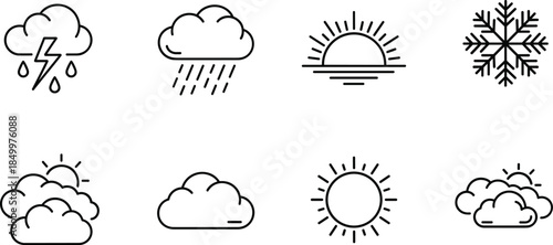 Set of thin line weather icons featuring cloud symbols with rain lightning and sun forecast elements snowflake and sunrise isolated on white background flat vector illustration