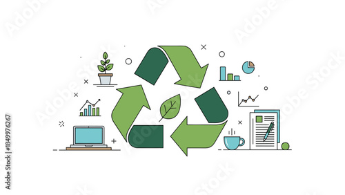 Sustainable practices and environmental responsibility are visually represented with a recycling symbol surrounded by growth and data analysis.