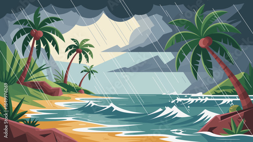 Tropical beach in a rainstorm, palm trees, ocean waves, dark clouds