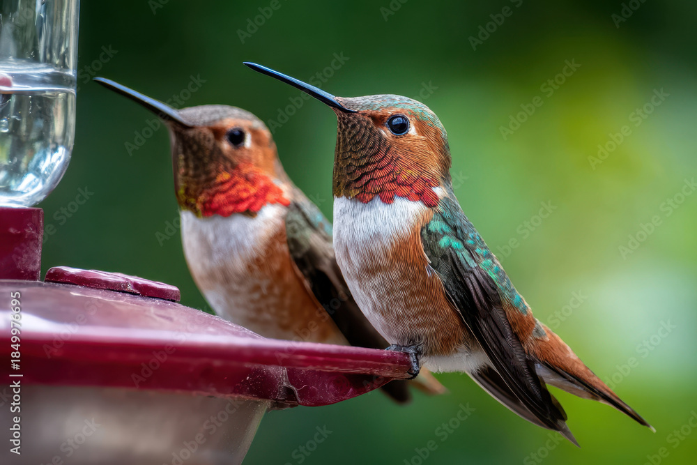 Obraz premium Hummingbirds feeding at a nectar dispenser in a lush garden during a sunny afternoon