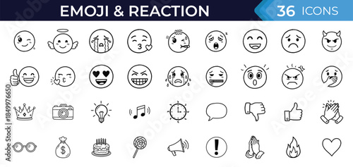Emoji and reaction doodle icon set, featuring expressive faces, emotions and social reactions. Hand drawn outline symbols for chat, messaging, apps and user interface design.
