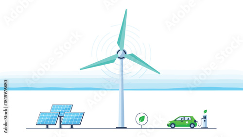 Sustainable energy sources like wind and solar power a green electric vehicle, representing a clean and eco-friendly future for transportation.