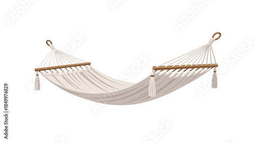 Relaxing white hammock with wooden supports and hanging ropes offers a peaceful retreat for leisure and outdoor enjoyment.