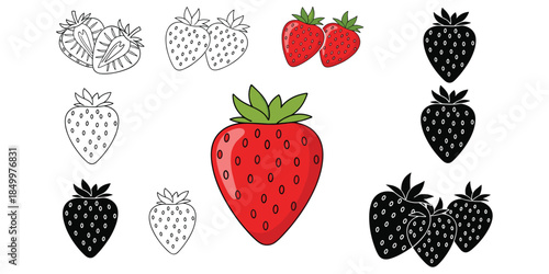 Strawberry illustration set, fresh ripe berry collection in outline and solid styles, organic fruit icons, healthy food design, isolated white background, flat vector illustration