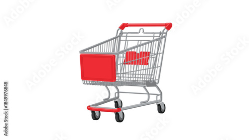 Silver shopping cart with red accents stands ready for groceries, symbolizing retail and consumerism in a modern setting.