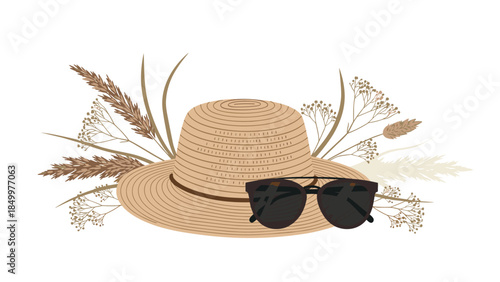 Stylish straw hat and sunglasses rest amongst delicate dried floral arrangements, evoking a warm summer aesthetic.