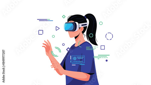 Immersive virtual reality experience with a woman wearing a vr headset and interacting with digital elements.