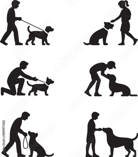Dog Walking Silhouette Icon Set