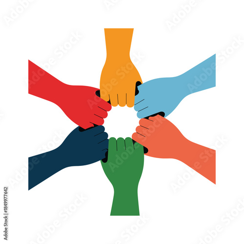 Six hands in different colors stacked together fists colorful teamwork vector illustration on white background.