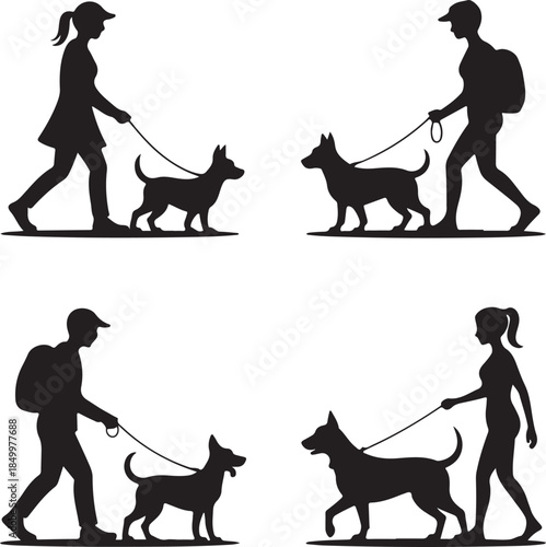Dog Walking Silhouette Icon Set
