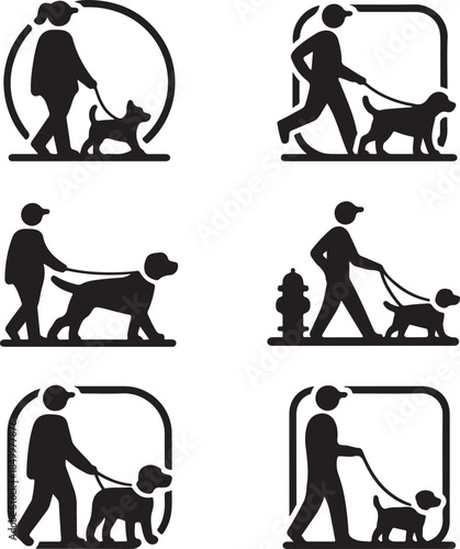 Dog Walking Silhouette Icon Set