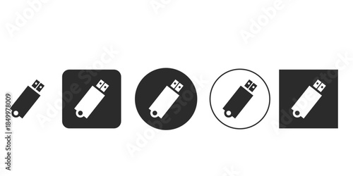 USB flash drive data transfer icon set for digital storage solutions | Black and white vector graphic of memory stick symbol | Minimalistic pen drive sign for computer hardware interface 