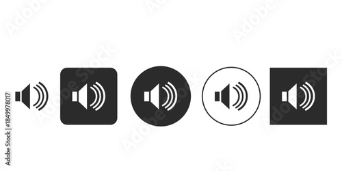 Full volume speaker icon set for user interface design | Digital sound adjustment symbol in multiple shapes and styles | Flat black and white audio controls glyphs and pictograms 