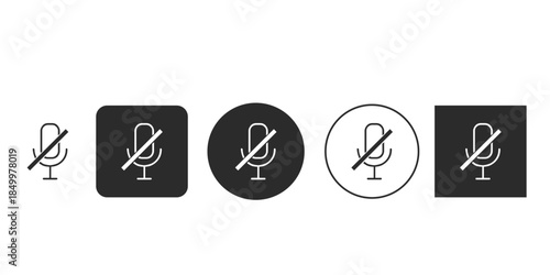 Muted microphone icon for audio settings and privacy controls | Black and white vector symbol for mic off status in video conferencing | Flat design UI element representing sound silence or disabled 
