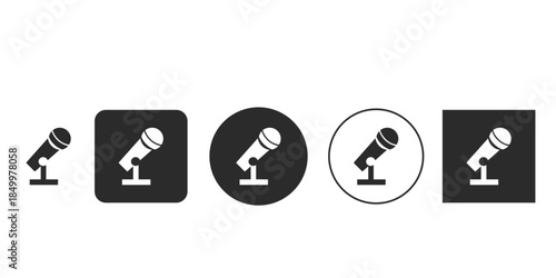 Minimalist black and white microphone icon set for web design | Professional stage mic symbol vector illustration | Isolated stand microphone pictogram variations for UI/UX | Modern recording studio 