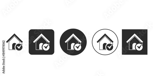 Secure home property verified symbol icon vector set | Approved real estate house with checkmark confirmation graphic | Black and white UI icon for home security or successful apartment search