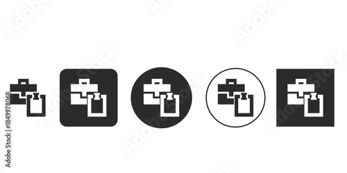 Black and white data organization hierarchy icon set for UX design | Abstract file management structure glyph symbol collection | Minimalist business process flow chart digital icon bundle