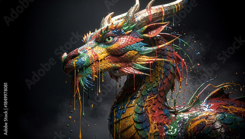 A fierce, multicolored dragon head with vibrant paint dripping from its scales, rendered in 3D against a dark, smoky background, blending fantasy and abstract art