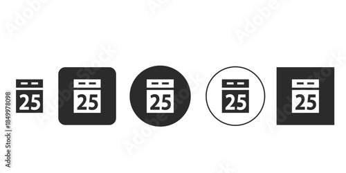 Day 25 calendar icon for website UI and app design | Digital vector date picker symbol number twenty five | Isolated black and white schedule notification element | Modern countdown timer and event 