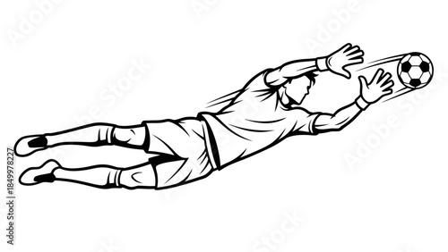 Dynamic Soccer Goalkeeper Diving to Save Ball on Isolated White Background
