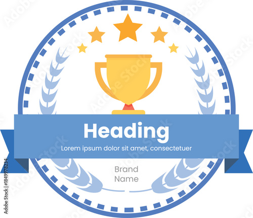 Award badge template. Golden trophy, blue ribbon banner. Corporate recognition certificates, employee rewards, achievement. School celebration posters and gamification or loyalty program branding.